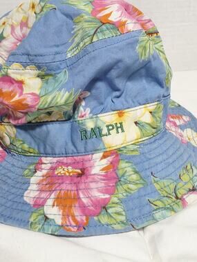 Polo RALPH Hawaiian Plaid Vichy Blue Tropical Bucket Hat Beach Vtg Cotton S Y2K